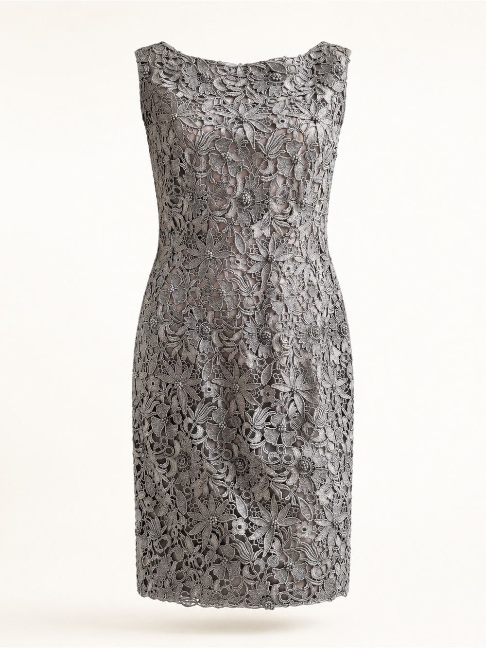 Vintage Valentino Haute Couture Silver-Grey Floral Lace Sheath Dress